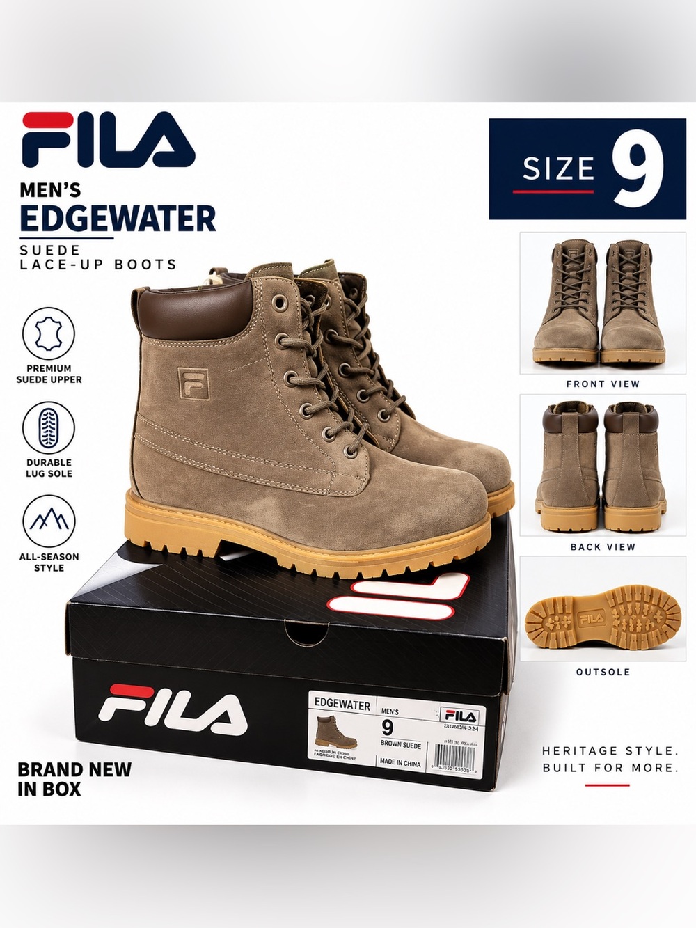 Fila Men’s Edgewater  brow Suede Lace-Up Boots size 9 New